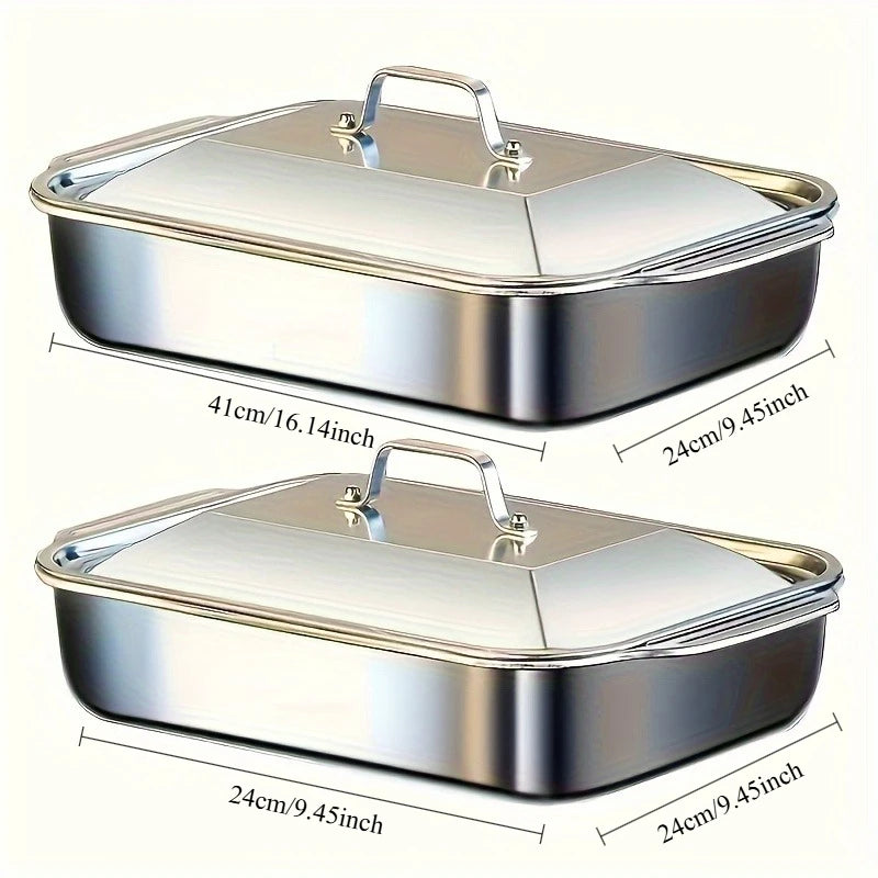 4-Piece Stainless Steel Roaster Pan Set with Lids, 16" x 9" Deep Dish for Fish/Pasta/Roasting Oven, Dishwasher-Safe Cookware, 4.2 L