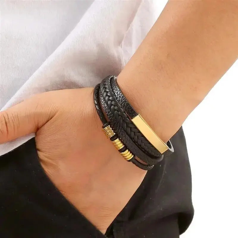 Bracelet multicouches en cuir PU pour hommes, fermeture Magnut, cuir ondulé, couleur or, Tube métallique, breloque, bijoux hip hop à la mode