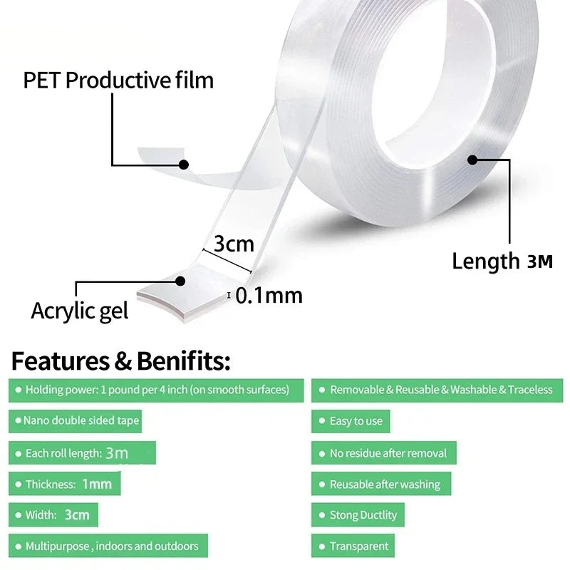 Transparent double-sided adhesive tape, waterproof wall stickers, reusable, heat-resistant, home improvement, 1 roll