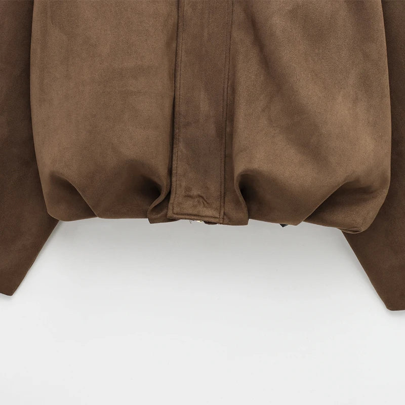Veste bomber femme en daim — revers, fermeture éclair, manches longues, recadrée, 2025