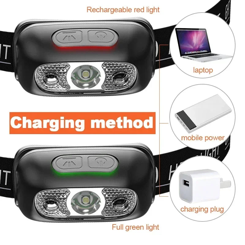 Capteur de mouvement phare Rechargeable lampe de poche LED phares Ultra lumineux lampe frontale de pêche Led front lampe frontale lampes de poche