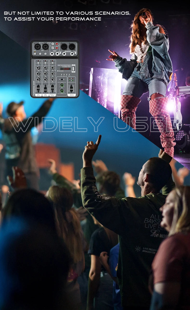 Mélangeur Audio DJ 4 Canaux USB Bluetooth — Console Mixage 48V Karaoké & Studio