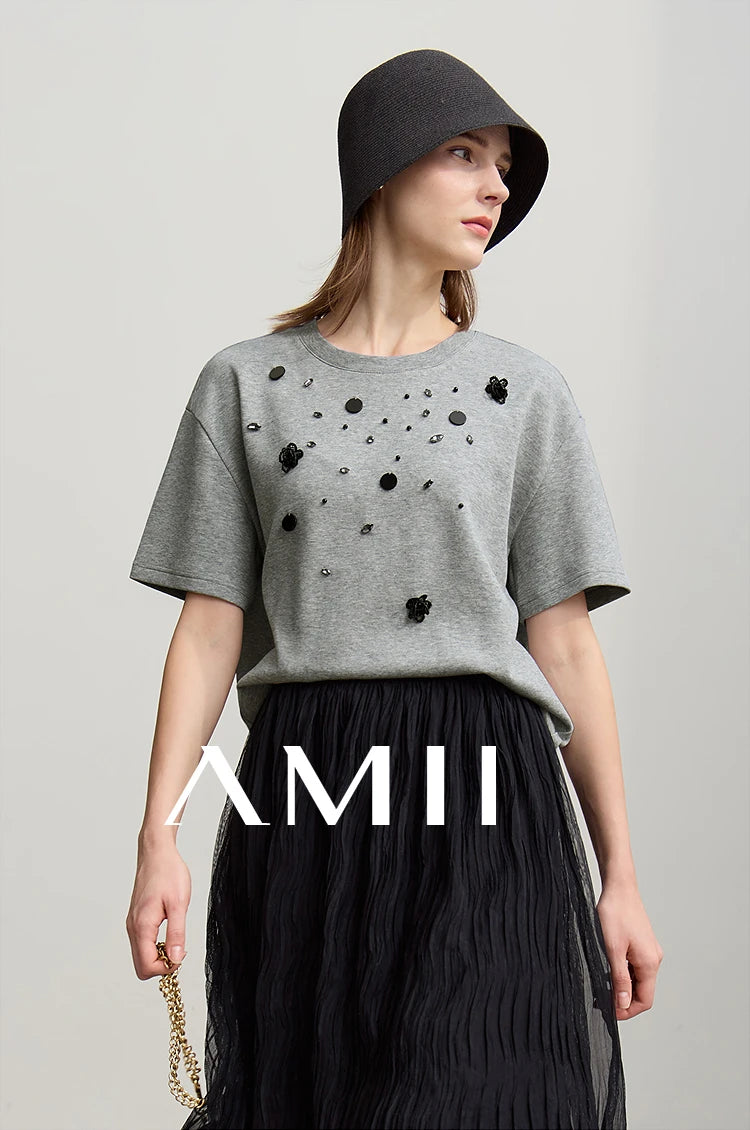 T-shirt femme 2026 — col rond, perle tridimensionnelle, fleur, diamant, tricot, ample