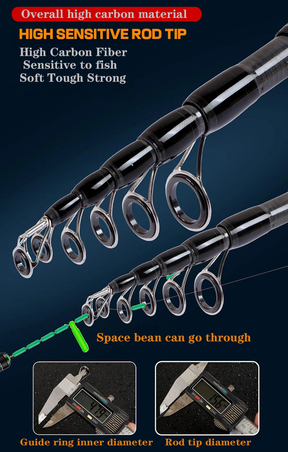 1.8M 2.1M 2.4M 2.7M 3.0M canne à pêche télescopique Portable en Fiber de carbone filature/coulée canne à poisson matériel