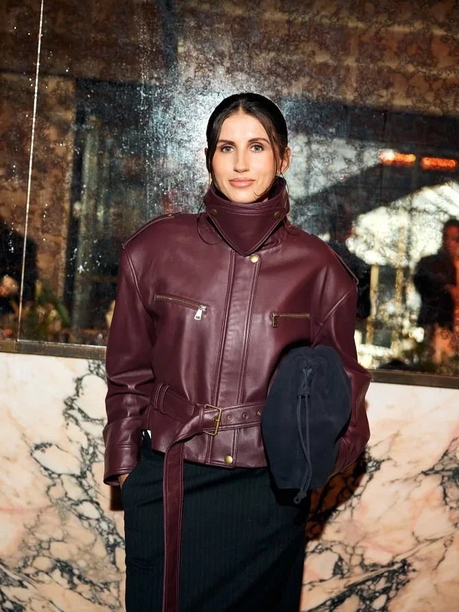 Femmes solide bordeaux taille cintrée veste mode à lacets col montant fermeture éclair seau vestes courtes 2025 dame haute rue manteau