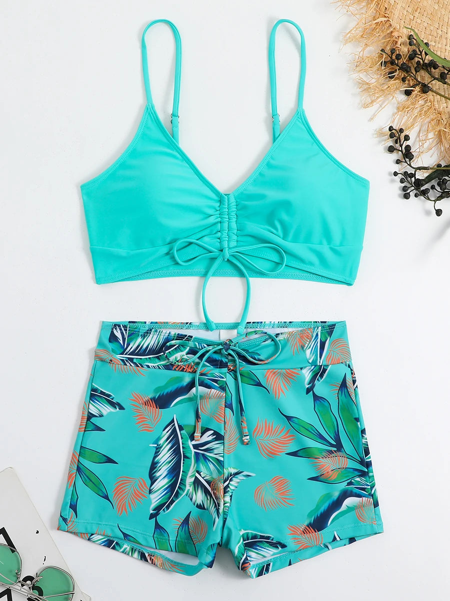 Maillots de bain femme 2026 : Bikinis short à cordon de serrage devant, taille haute, pour la natation et la plage