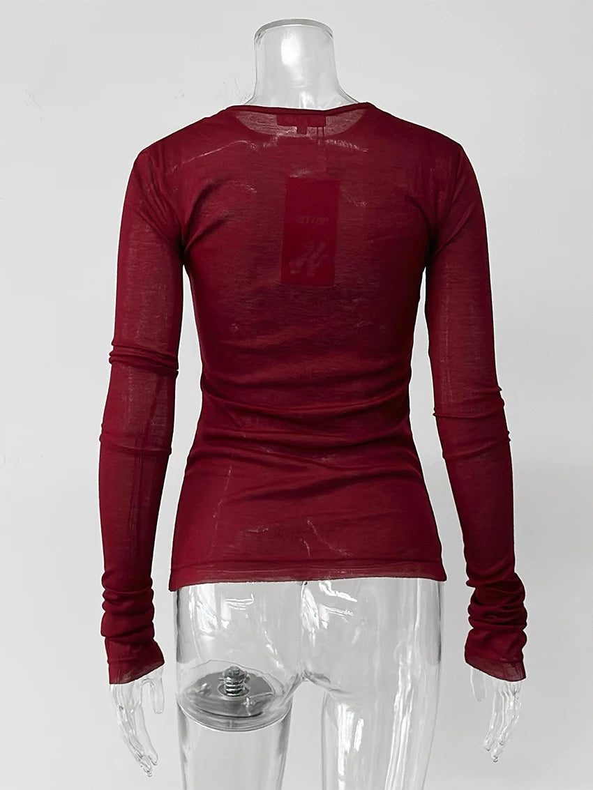 T-shirt femme mince marron 2026 — décontracté, col rond, manches longues, élégant, simple