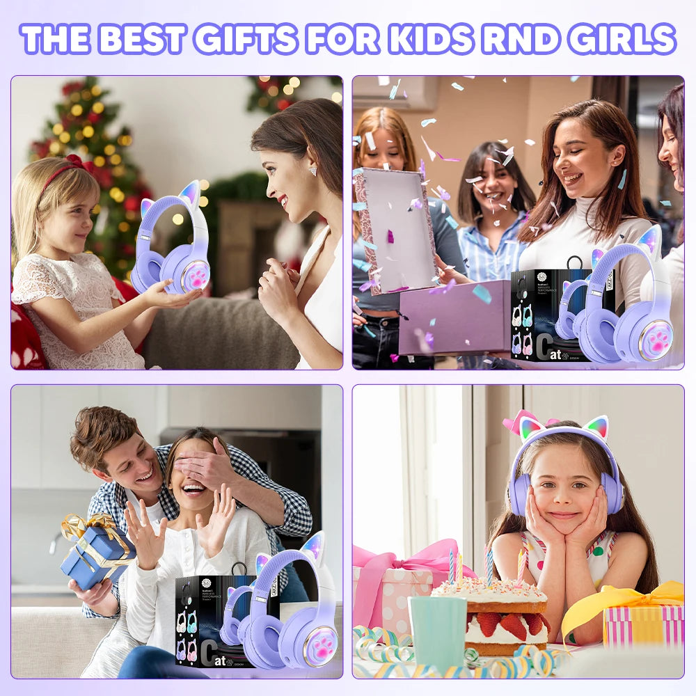 RGB Cat Ear Wireless Headphones for PC, Cute 3D Space Capsule Bluetooth Headset, Foldable Gaming Headphone, Gifts for Kids Girls