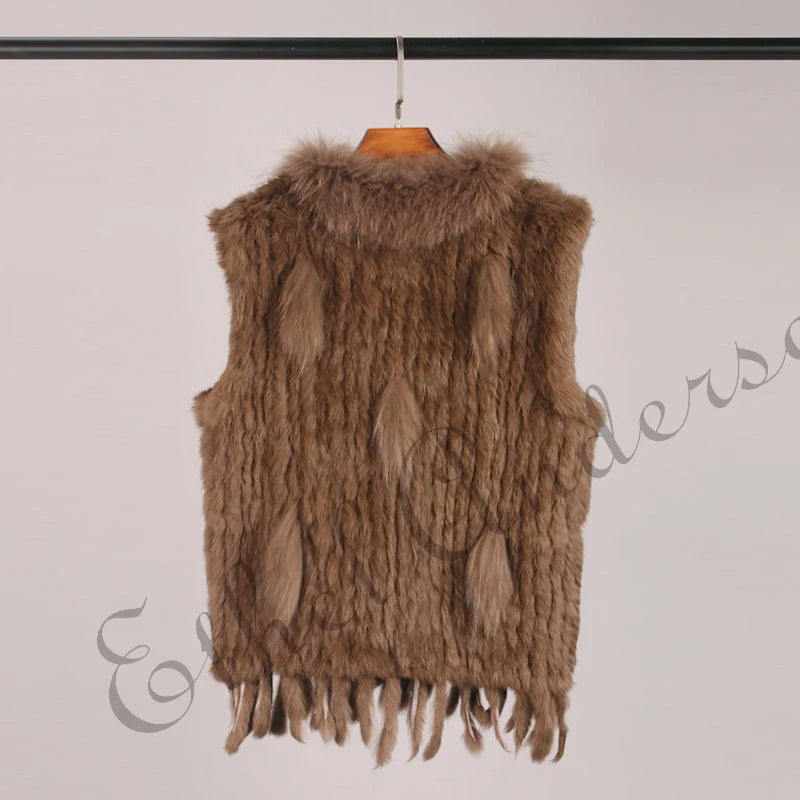 Gilet à glands en véritable fourrure de lapin tricoté — vintage, garniture fourrure raton laveur