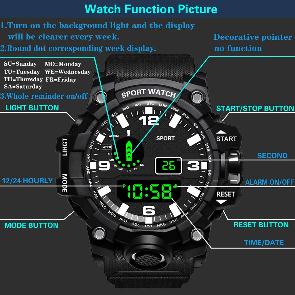Montre pour hommes de mode sport montre-bracelet électronique grand cadran multifonctionnel étanche alarme lumineuse enfants montre militaire pour hommes