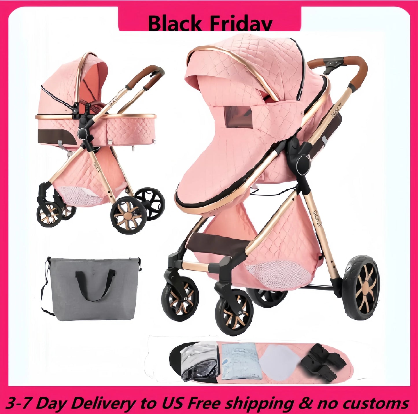Poussette Bébé 2 en 1 Nouveau-Né — Chariot Landau 4 Roues Accessoires