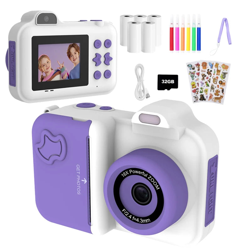 Children's Instant Print Digital Camera, Kids Document Pens, Thermal Printing Paper, Christmas Gift Toys for Boys and Girls, 32G