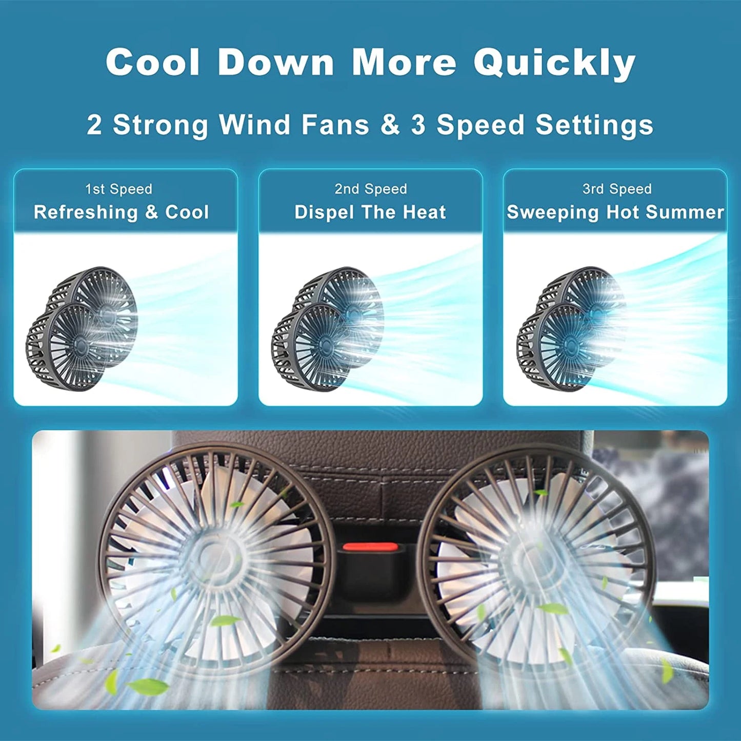Ventilateur de voiture 360 °   Ventilateur de refroidissement arrière de siège de voiture à 3 vitesses, Charge USB, double tête, refroidisseur de cou à Rotation réglable pour accessoires de voiture et de maison
