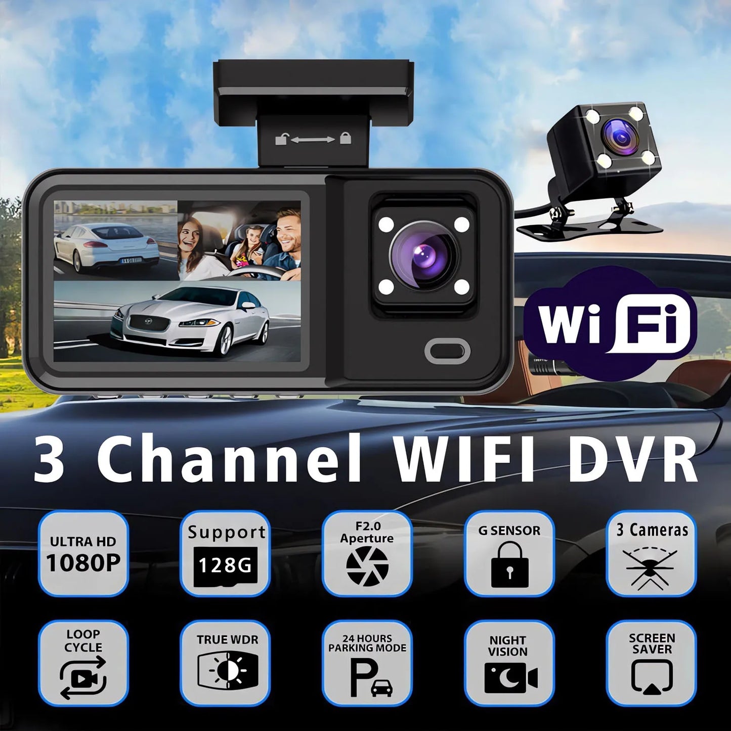 Dashcam 3 Canaux WiFi HD 1080P — Cabine Véhicule DVR Triple Voie Enregistreur