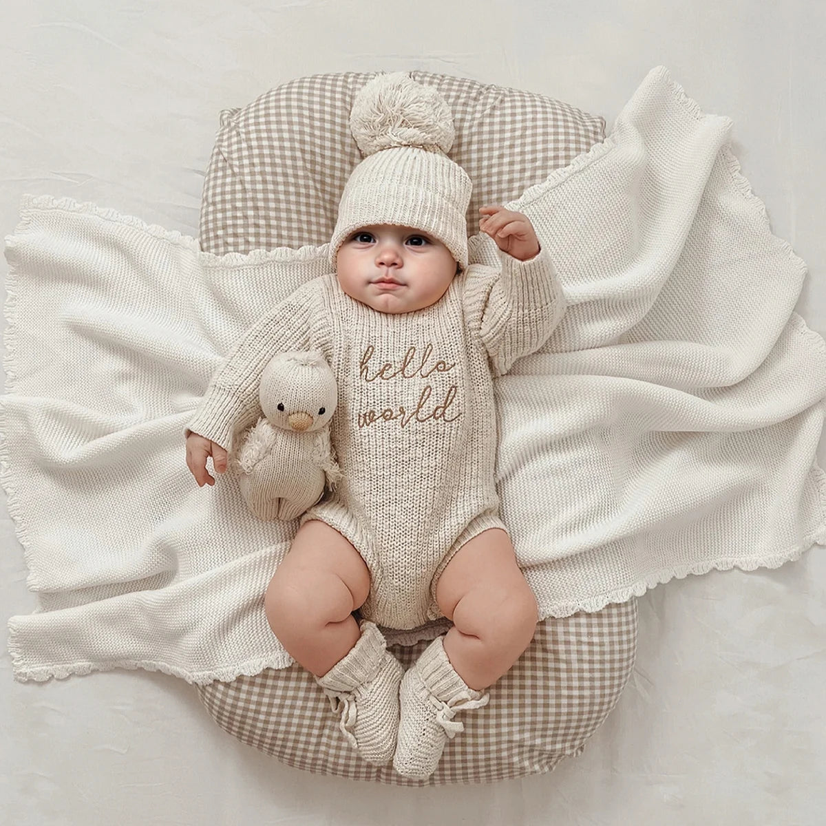 Barboteuse tricotée pour nouveau-né photographie — chapeau à pompon, pull bébé, séance photo HD (v3)