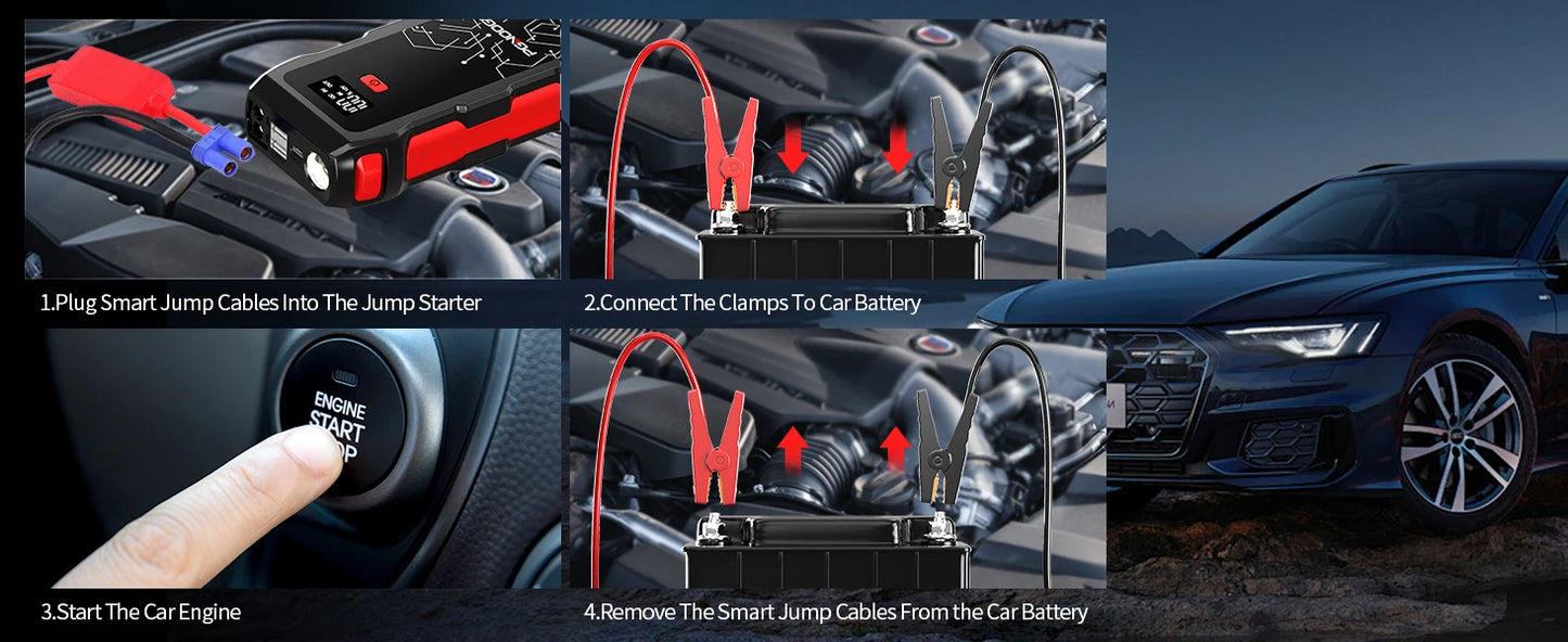 PGNOOGE 26800mAh 6000A de Crête Démarreur de Batterie, Booster de Batterie pour Tous les Moteurs Essence et 10L Diesel, 12V Batterie Voiture avec Lampe Torche, Affichage LED, Charge Rapide USB