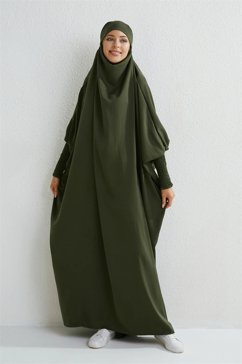 Abaya musulman à capuche manches smockées une pièce Robe de prière femmes Jilbab vêtements islamiques dubaï saoudien Robe noire modestie turque