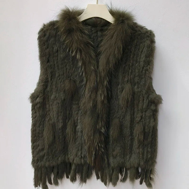 Chaleco de punto de piel de conejo natural auténtica con pompón, chaleco cálido sin mangas para mujer, con ribete de piel de mapache auténtica