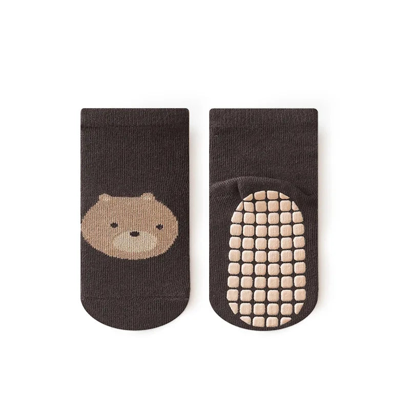 6 paires de chaussettes antidérapantes pour enfants, chaussettes de sol confortables à motif de renard et d'ours de dessin animé mignon pour garçons et filles