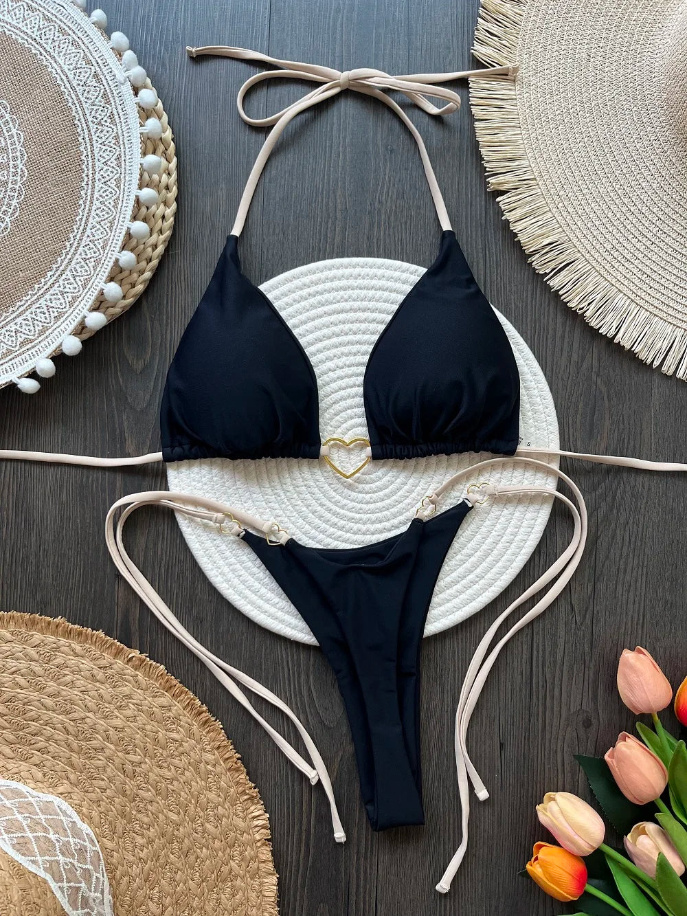 RUOTONSEPT-Maillot de bain deux pièces sexy pour femme, bikini brésilien, couleur unie, col licou, triangle, culotte tanga
