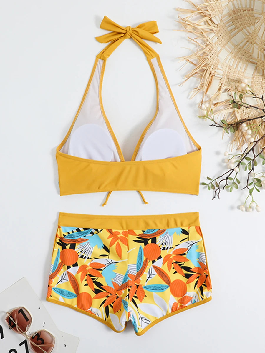 Ensemble de bikini halter 2026, maillot de bain court pour femme, maillot de bain taille haute imprimé, tenue de plage