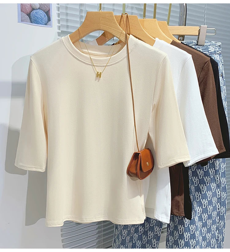 T-shirt femme 100% coton basique — col rond, tendance, uni, manches courtes, été 2026