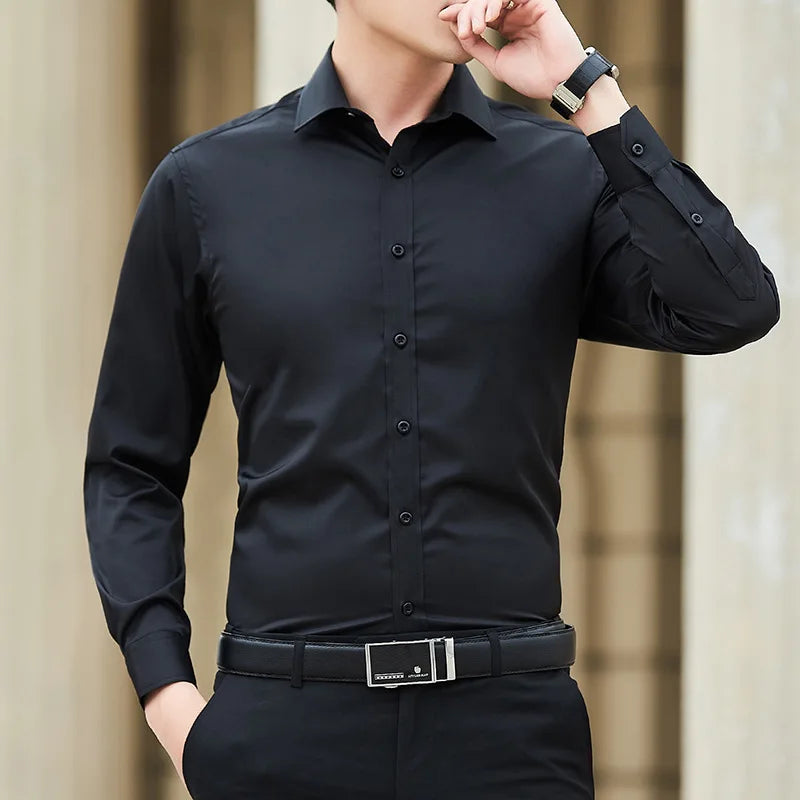 Camisa de vestir de manga larga para hombre, talla grande, color liso, moda clásica, básica, informal, entallada, blanca, ropa de marca, nueva colección