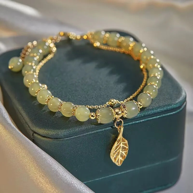 Pulsera de Jade verde de estilo chino para mujer, exquisita pulsera de cadena doble con hojas de color dorado, regalos para niñas