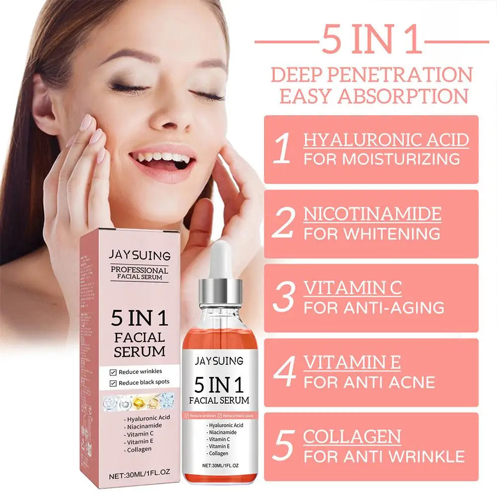 Sérum Visage Raffermissant 5 en 1 — Vitamine C, Acide Hyaluronique & Éclaircissant