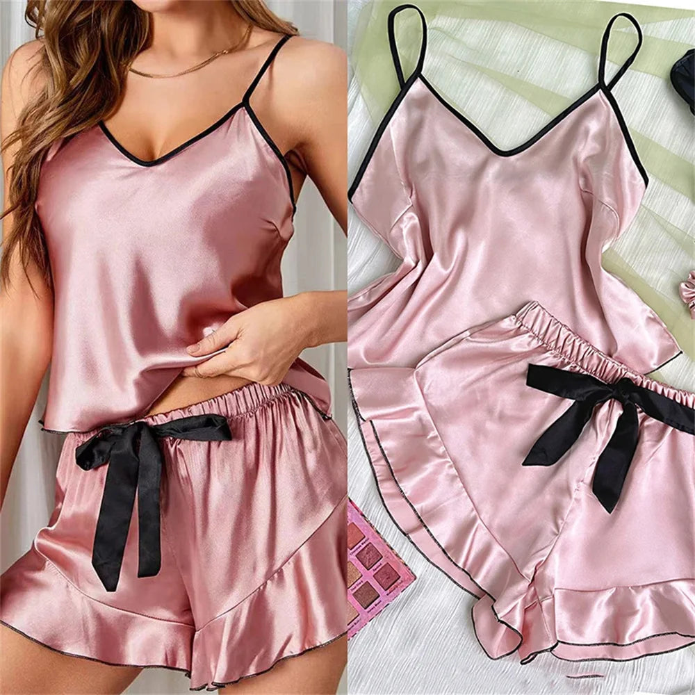 Pijama de satén liso para mujer, camiseta con cuello en V, bordes con volantes y shorts con lazo, conjunto de pijama simple y transpirable, ropa de casa con tirantes