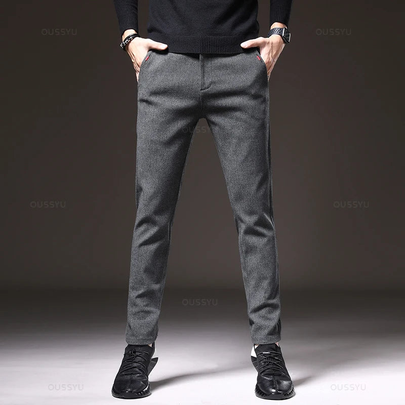 Pantalones casuales de hombre, corte ajustado, cintura elástica, elásticos, de algodón grueso, gris y negro, estilo negocios, nueva colección primavera
