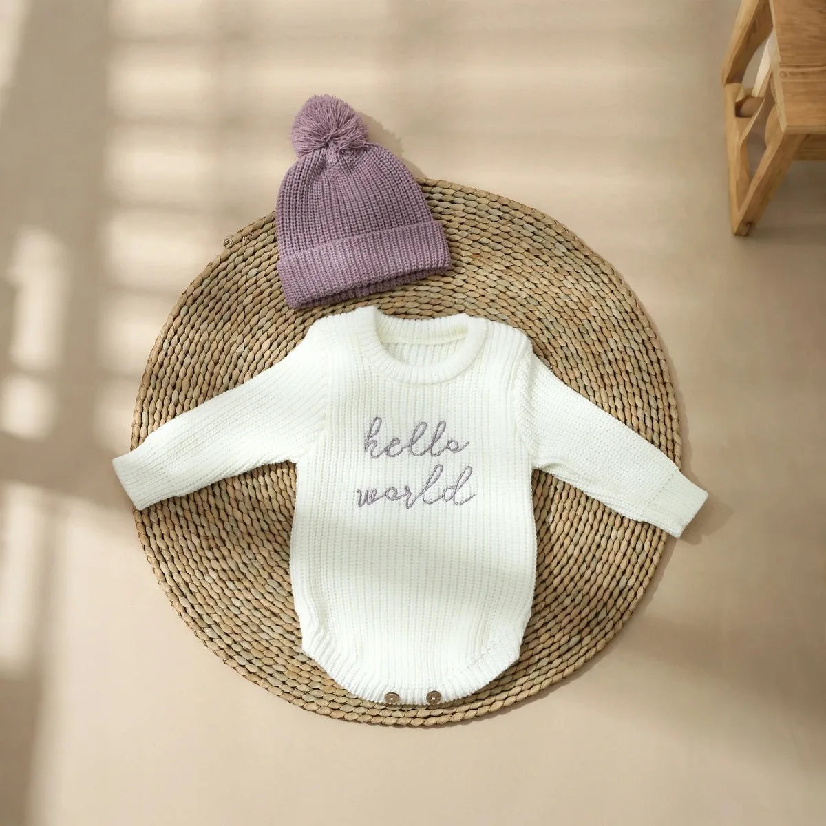 Barboteuse tricotée pour nouveau-né — chapeau à pompon, pull bébé garçon et fille, séance photo HD (v5)