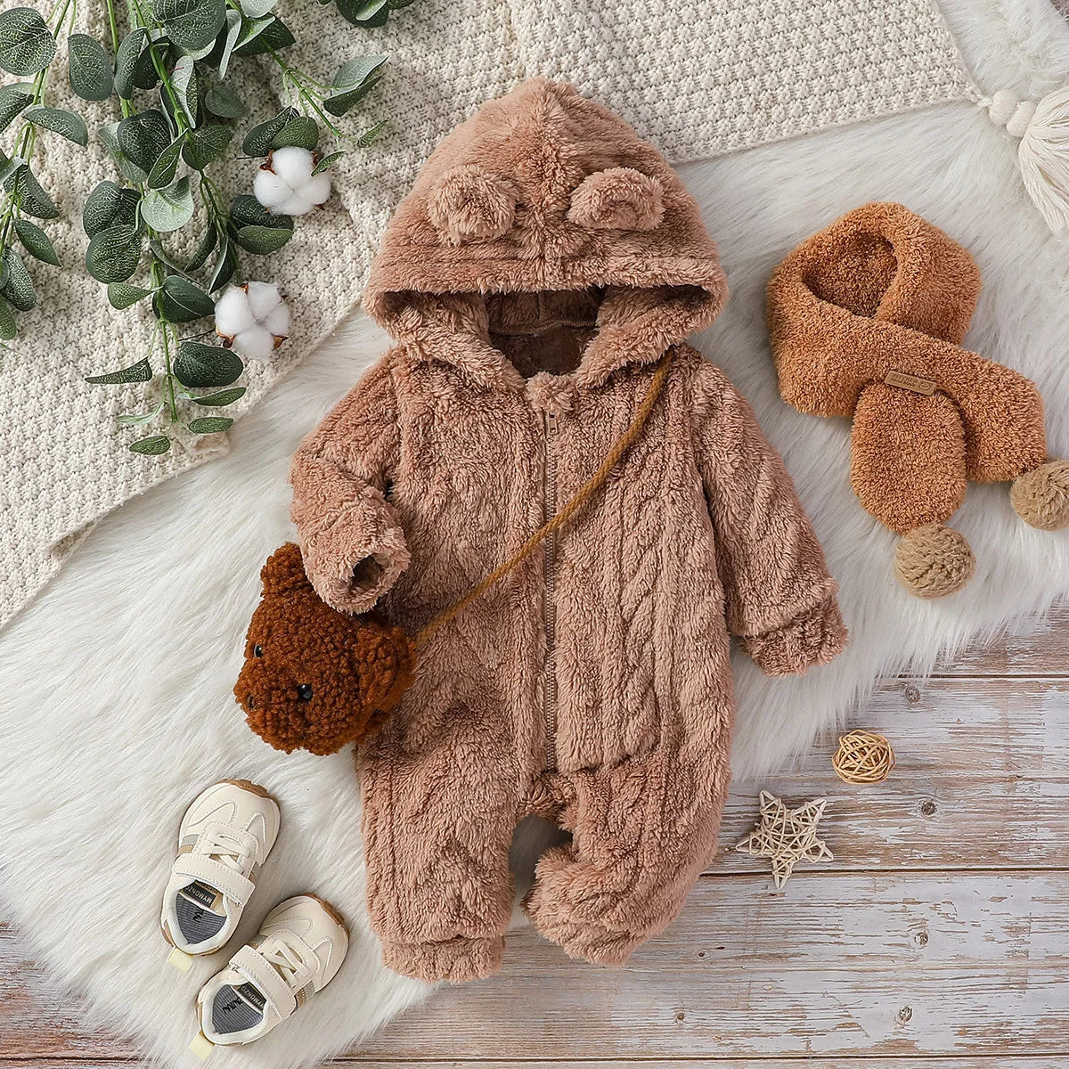 Baby Boys Winter Long Sleeve Solid Plush Hooded Zipper Fashion Jumpsuit for Newborn Warm Clothes