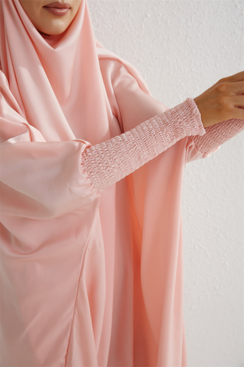 Abaya musulman à capuche manches smockées une pièce Robe de prière femmes Jilbab vêtements islamiques dubaï saoudien Robe noire modestie turque
