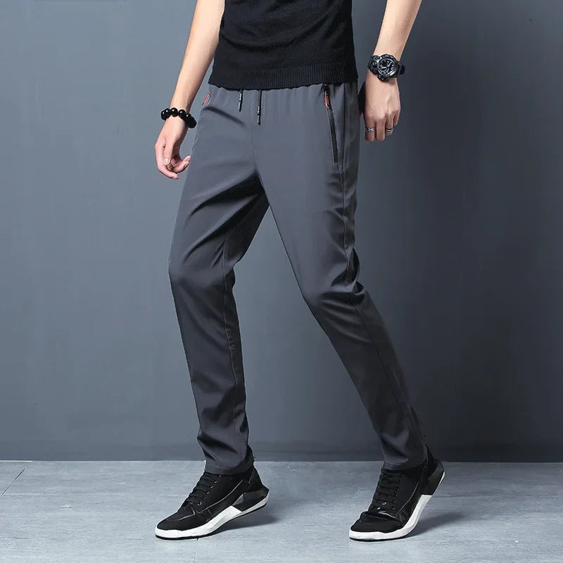 Pantalon décontracté homme stretch — coupe ajustée, taille élastique, style coréen, bleu, noir, gris, grande taille