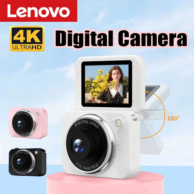 Lenovo 4K HD 180° Pixel Camera Compact Handheld CCD Video Camera for Vlogging, Ideal for Students, Perfect for Selfies, An Ideal Gift