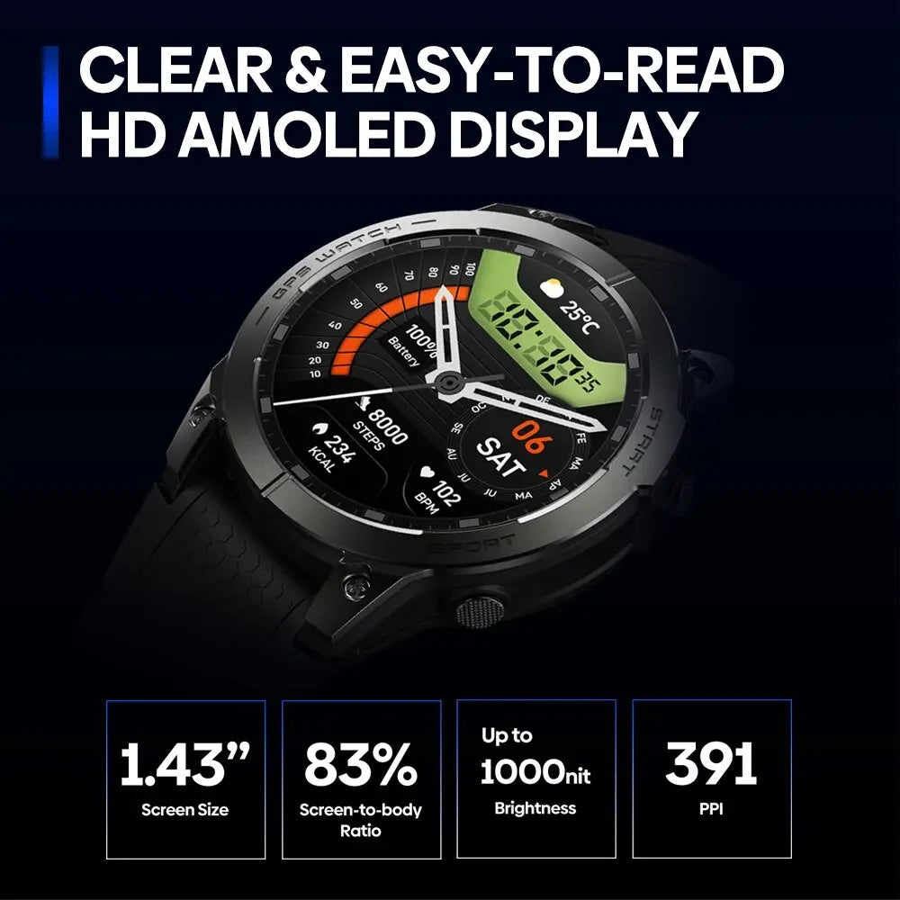 Montre Connectée GPS 1,43" AMOLED — Appels Bluetooth Sport Smartwatch Homme