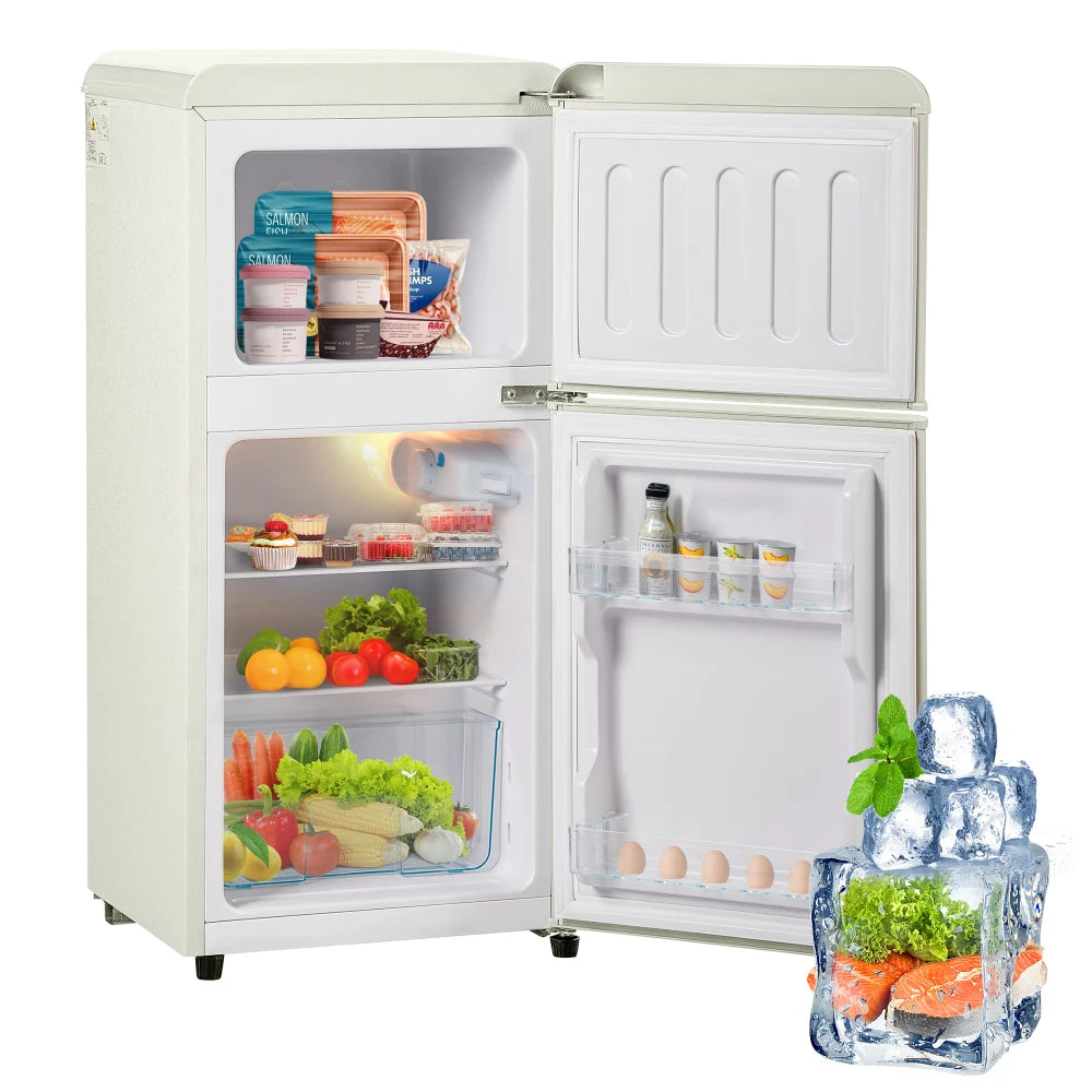 Frigorífico combi retro 45,5 cm de ancho, 2 puertas, 60 litros de volumen total, volumen de congelador 22 litros. 102 KWh/año,
