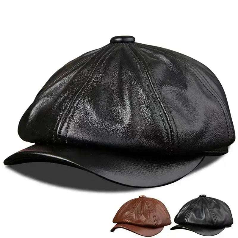 Gorras octogonales de piel de vacuno para hombres y mujeres, sombrero frontal, 100% cuero genuino, gorra cálida, boina de pintor masculina, primavera e invierno