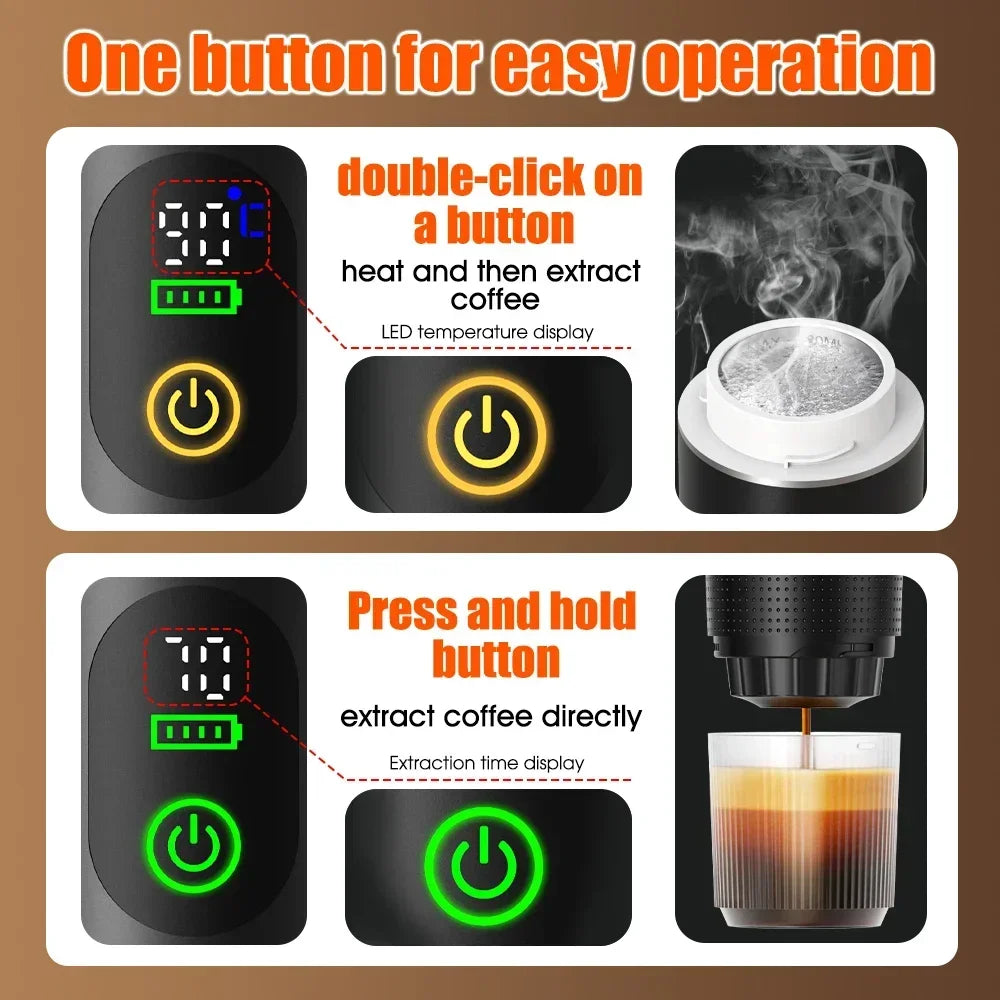 DENOKIN Cordless Portable Espresso Maker for Car and Camping, 80ml Water Tank, Digital Display, 3-in-1 Travel Coffee Maker for Capsules and Powders