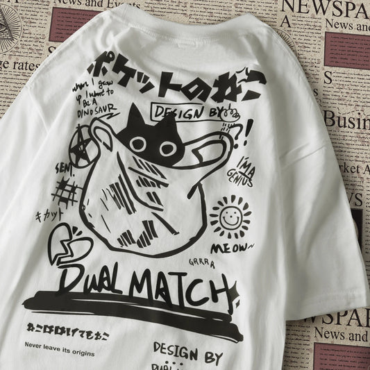 Men Women Cartoon T-Shirts 2024 Summer Harajuku Kawaii Cat Printed Short Sleeve T-Shirts Couple Streetwear Loose Clothes Y2K Tops
