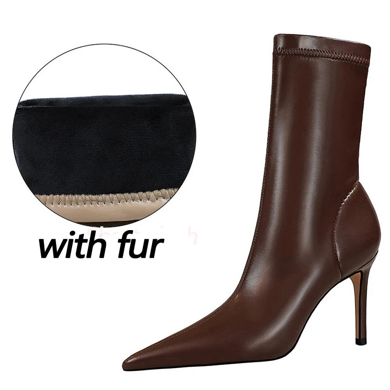 BIGTREE Women's High Heel Leather Boots, Short Ankle Boots, Rinse Shoes, Autumn and Winter