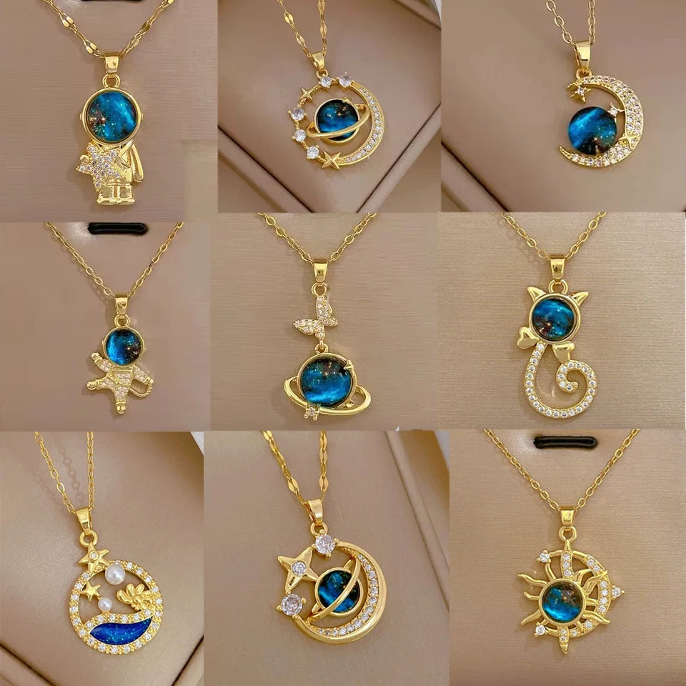 Collier pendentif astronome planète lune pour femme — acier au titane, document en or, bijoux cadeau