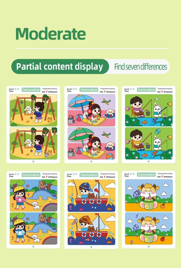 Trouver des différences Jeu de cartes Puzzle éducatif de dessin animé réutilisable pour enfants Trouvez des niveaux de difficulté pour la formation à l'attention de concentration