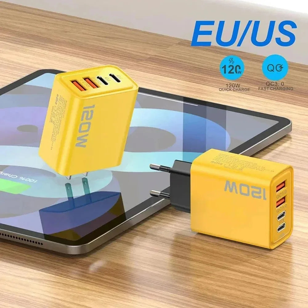 Total 120W USB Fast Charger 4 Ports PD Quick Charge USB 3.0 Type C EU US UK Plug Universal Wall Charger USB C Charging Adapter
