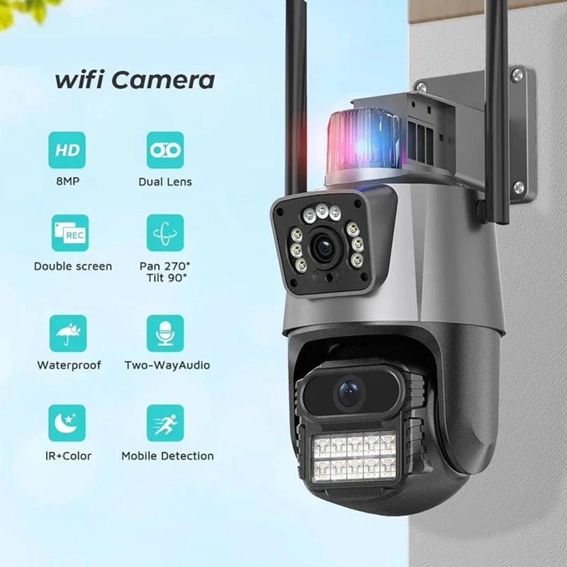 Outdoor WiFi PTZ Camera 4K 8MP HD Dual Lens Dual Screen AI Camera Auto Tracking 4MP Video Surveillance Police Light Alarm iCSee