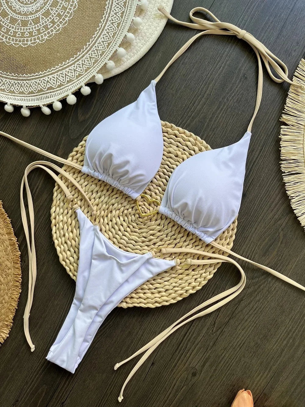 Ensemble bikini sexy dos nu couleur unie taille basse pour femme, maillot de bain deux pièces triangle string brésilien