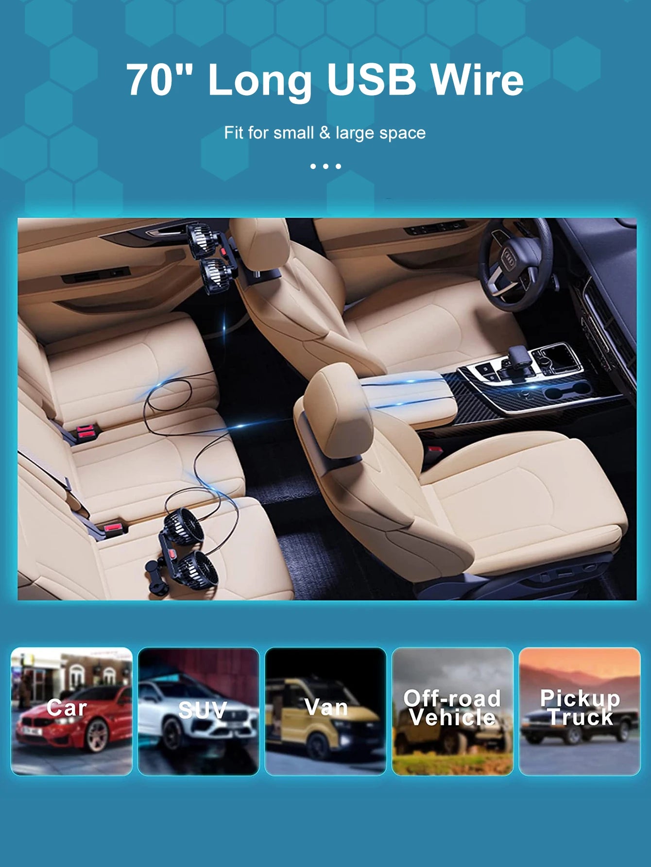 Ventilateur de voiture 360 °   Ventilateur de refroidissement arrière de siège de voiture à 3 vitesses, Charge USB, double tête, refroidisseur de cou à Rotation réglable pour accessoires de voiture et de maison