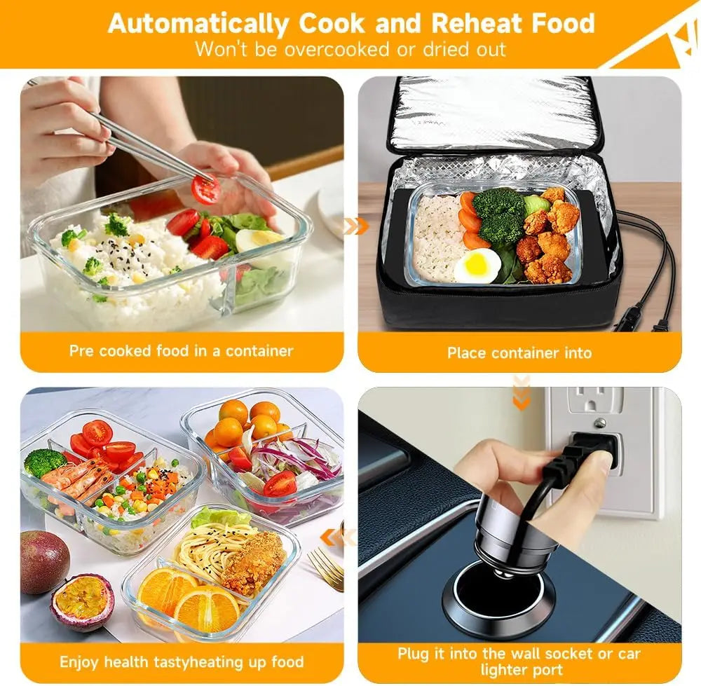 Four portable Réchauffeur de nourriture réglable 100W, 12V/24V/110V Boîte à lunch électrique pour adultes, Micro-ondes personnel pour réchauffer