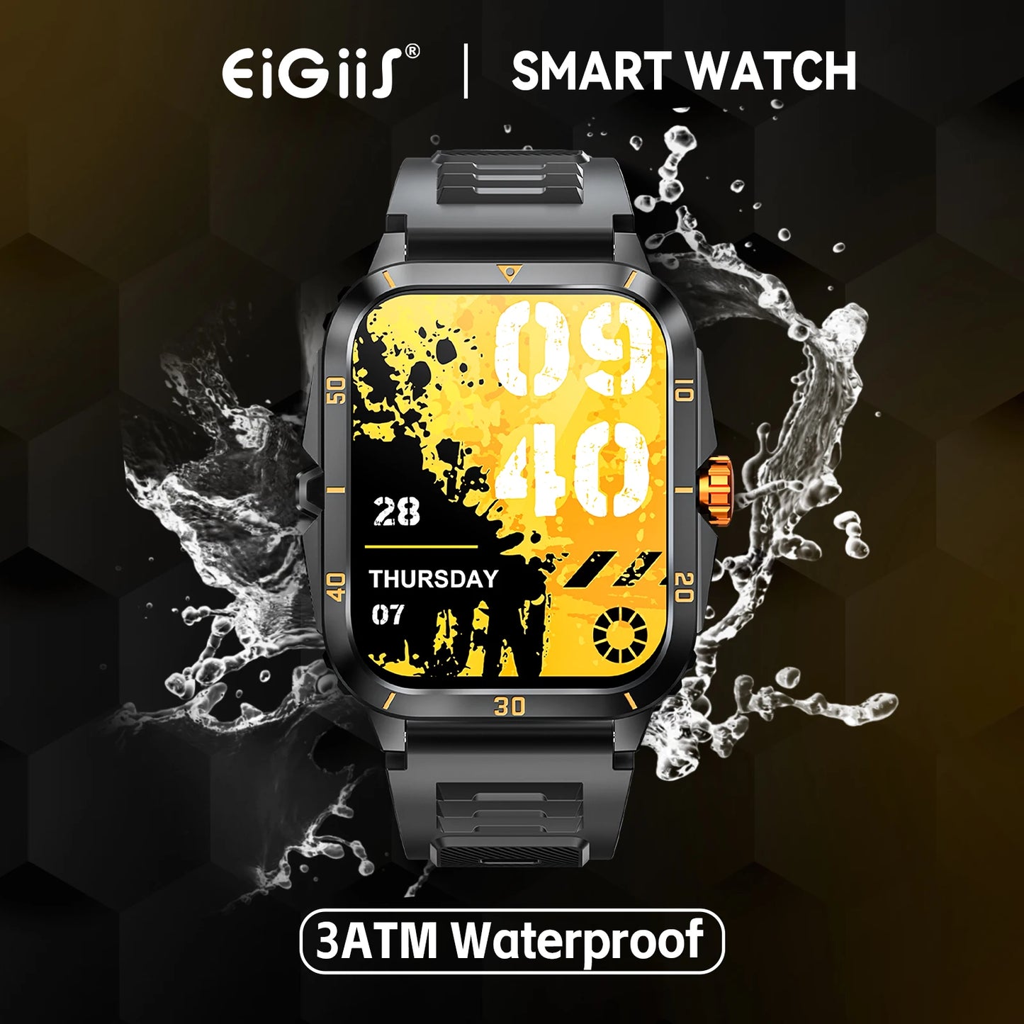 EIGIIS Smart Watch 3ATM Waterproof 1.96" IPS Military Screen KT71 Men's 100+ Sports Mode Heart Rate Blood Pressure Bluetooth Call
